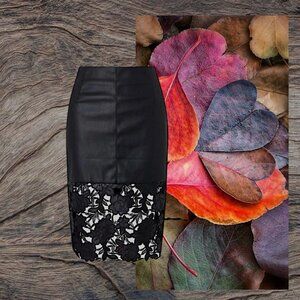 Beautiful Black Faux Leather Skirt  Lace Cut out bottom